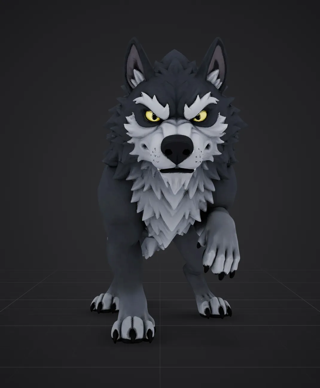 A grey cartoon wolf seen from the front, as it looks before painting