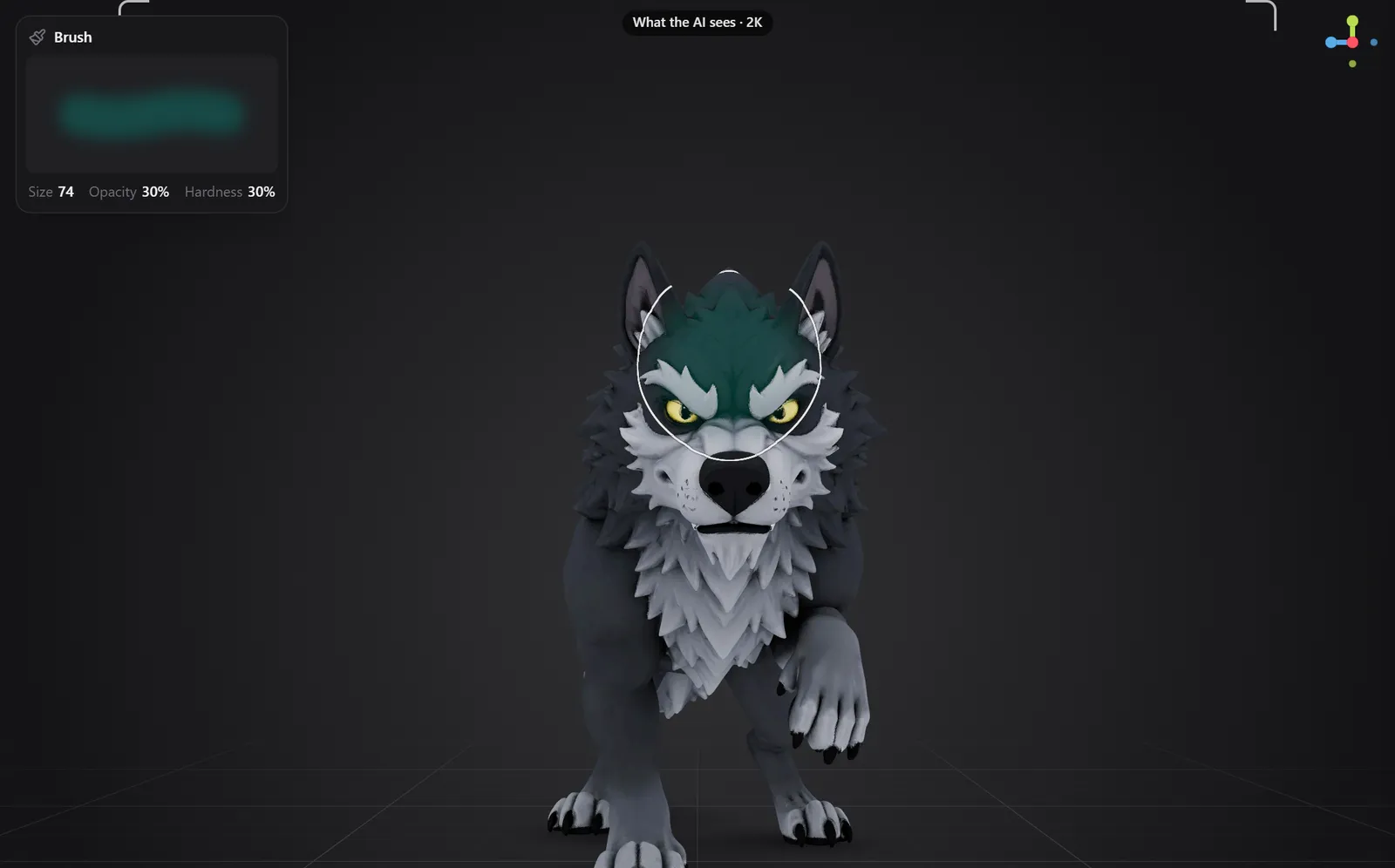 The 3D view with a brush preview card and a brush ring on the wolf