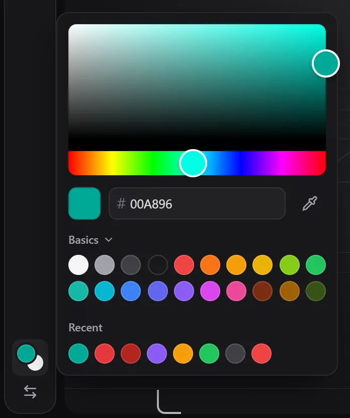 The colour panel with a colour picker, a hex field and palette swatches