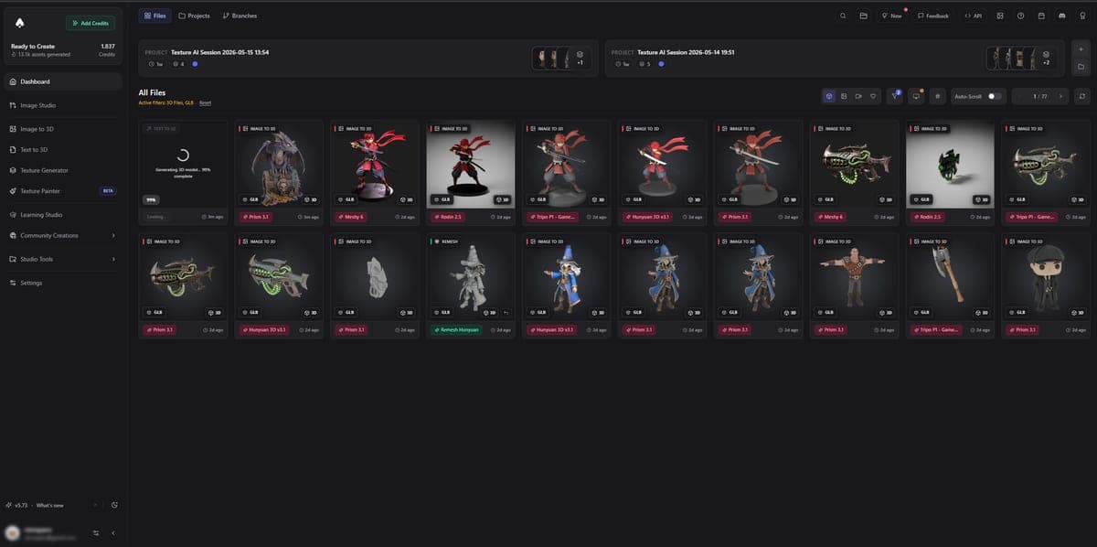 3D AI Studio dashboard showing tools and recent generations