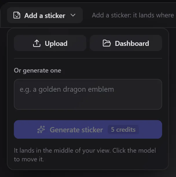 The Add a sticker popover with Upload, Dashboard and a sticker prompt