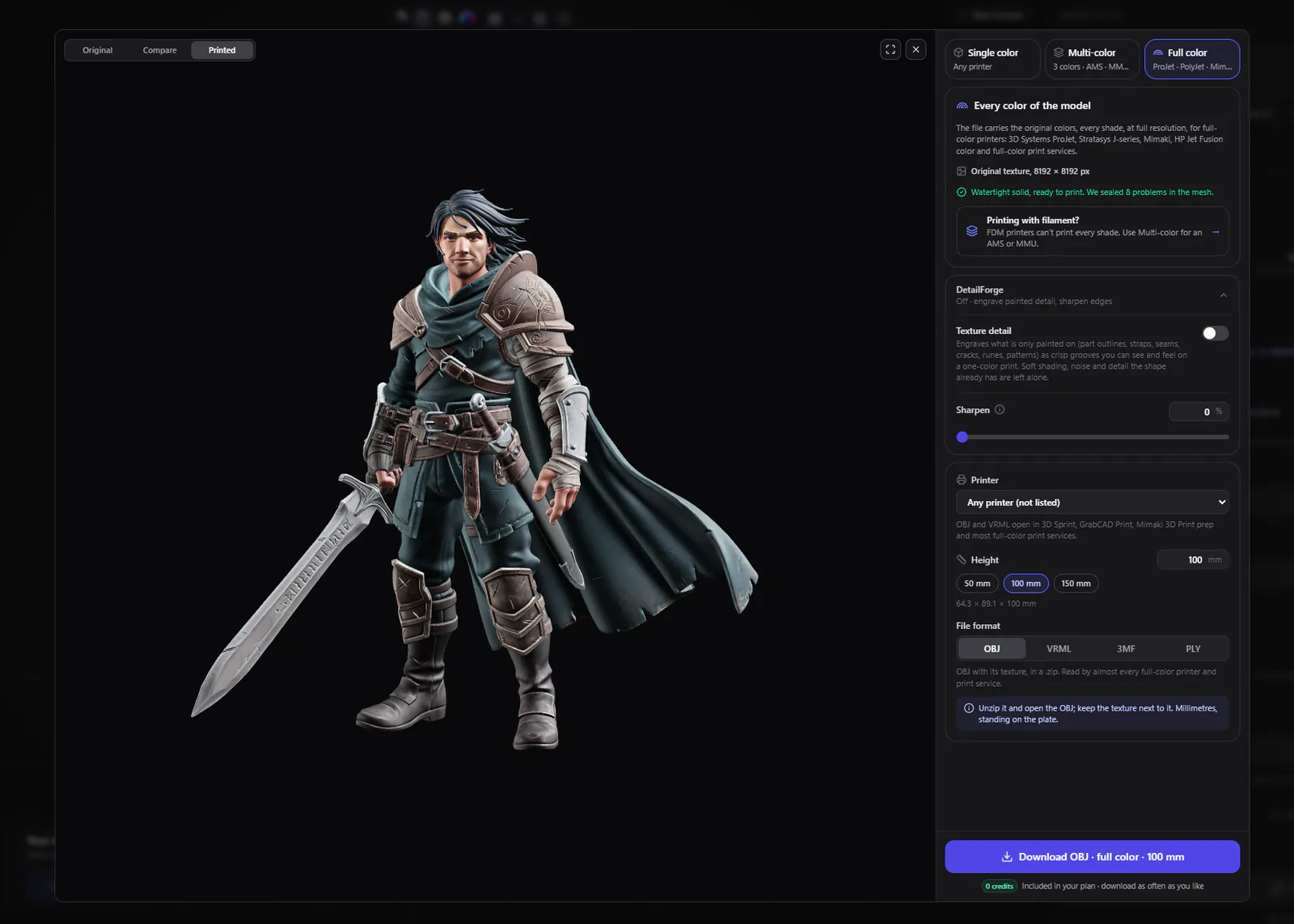 Export for 3D Printing showing a fantasy warrior model with print setup, DetailForge, printer, height and file format settings