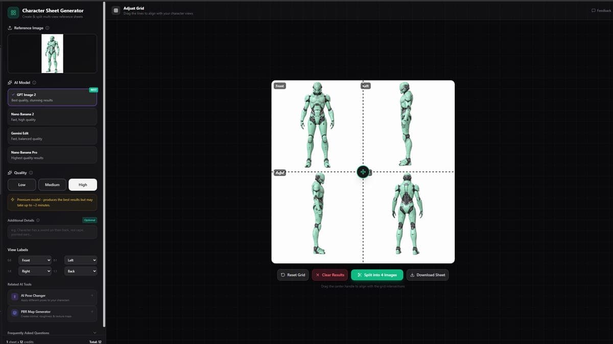 Character sheet output with four views