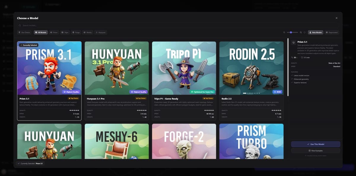 Model selection grid in 3D AI Studio