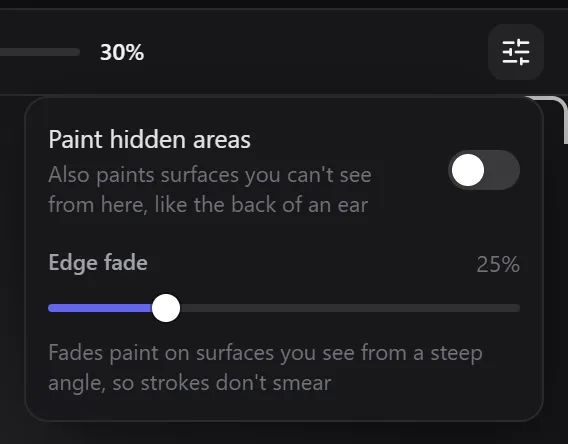 The More brush settings popover with a Paint hidden areas switch and an Edge fade slider