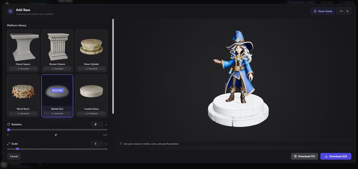 Add Base interface showing a model with a circular pedestal
