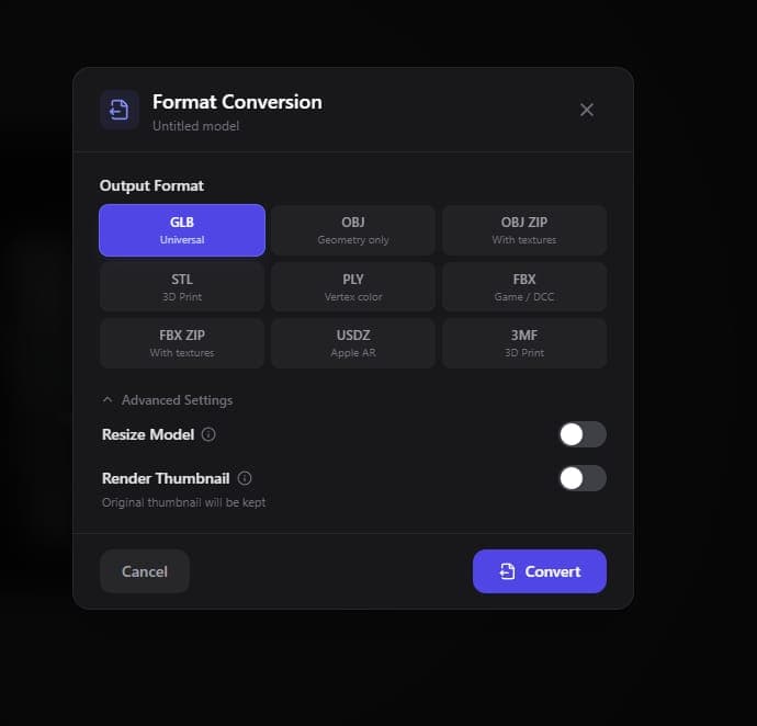 Format conversion dialog showing supported output formats