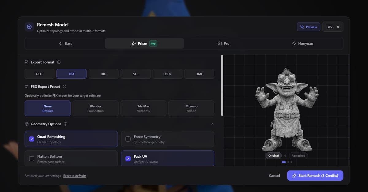 Prism remesh settings panel