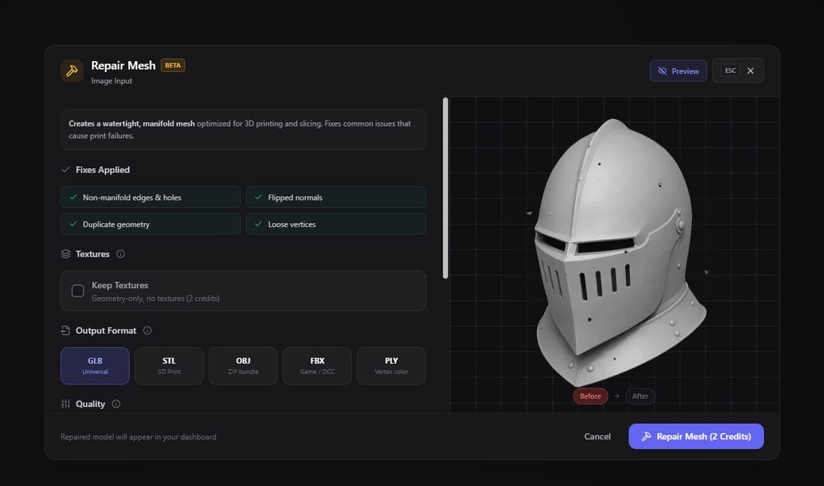 Mesh repair dialog showing repair options