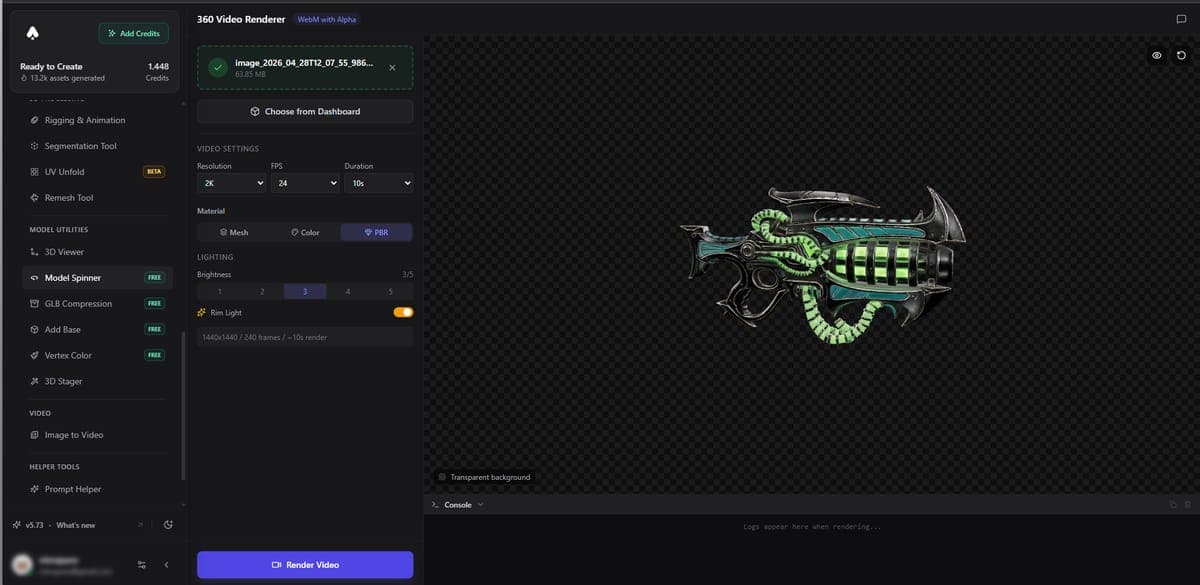 Model Spinner interface with a rotating model preview