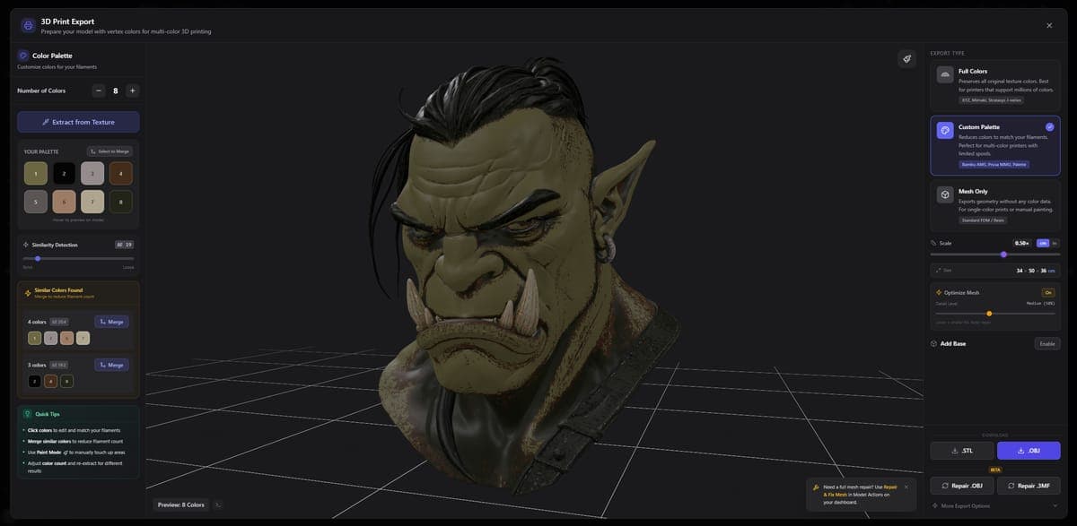 Legacy 3D Print Export tool showing vertex color conversion with a filament palette