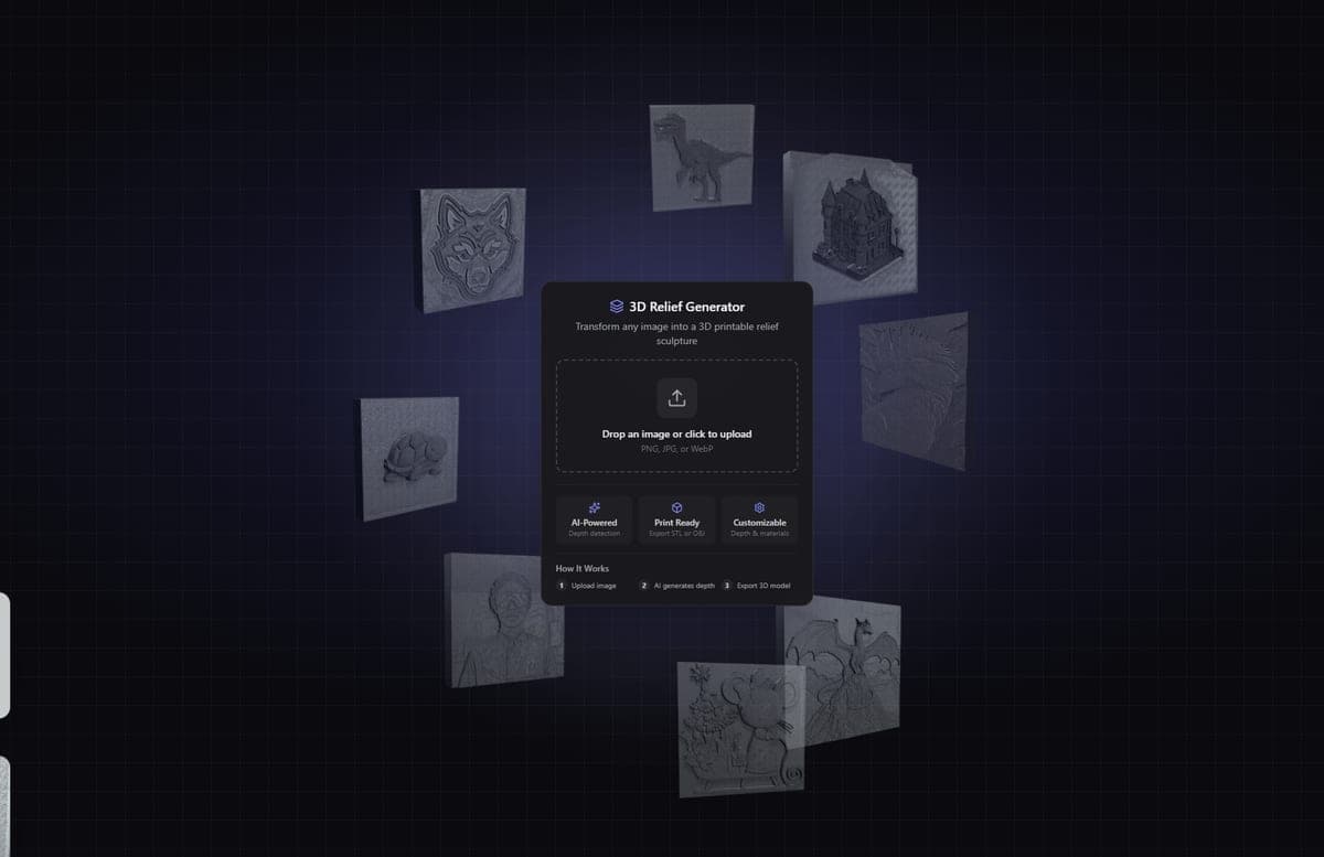 Relief Generator idle state with floating example reliefs