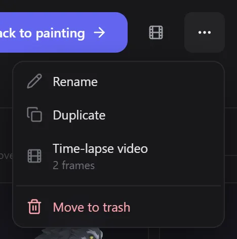 A session's menu with Rename, Duplicate, Time-lapse video and Move to trash