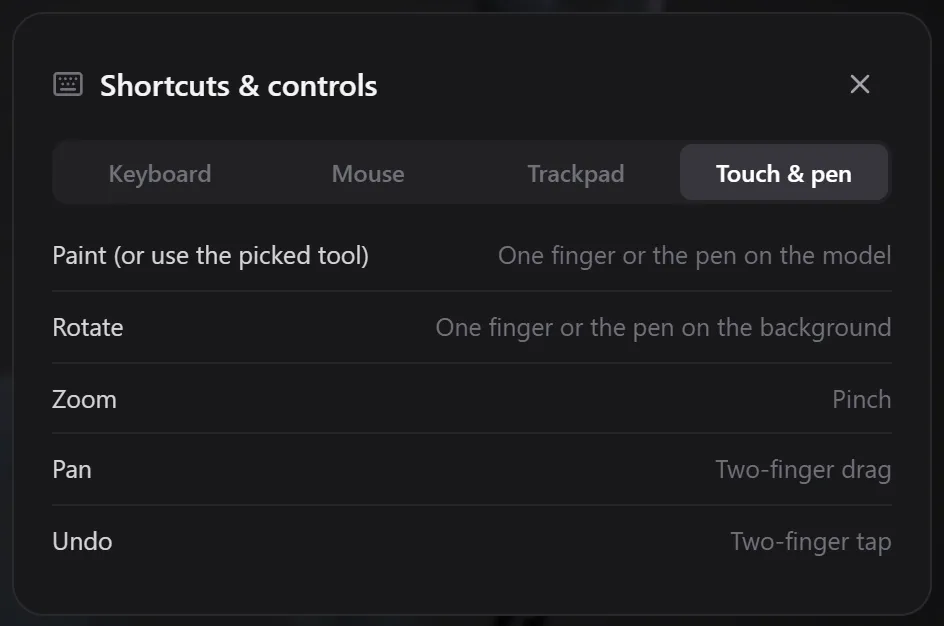 The shortcut sheet on the Touch and pen tab