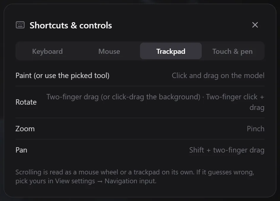 The shortcut sheet on the Trackpad tab