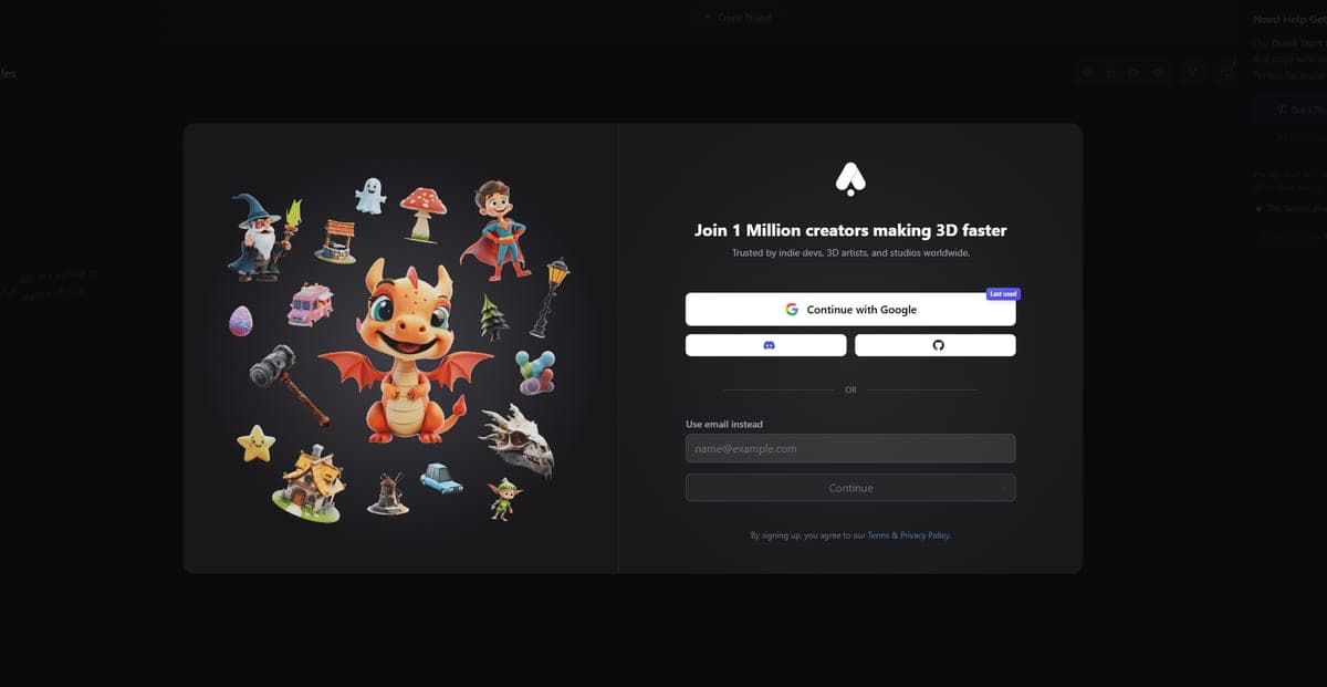 3D AI Studio signup modal with email and social login options