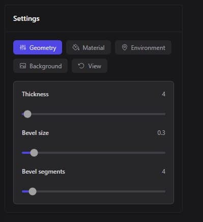 SVG to 3D settings panel