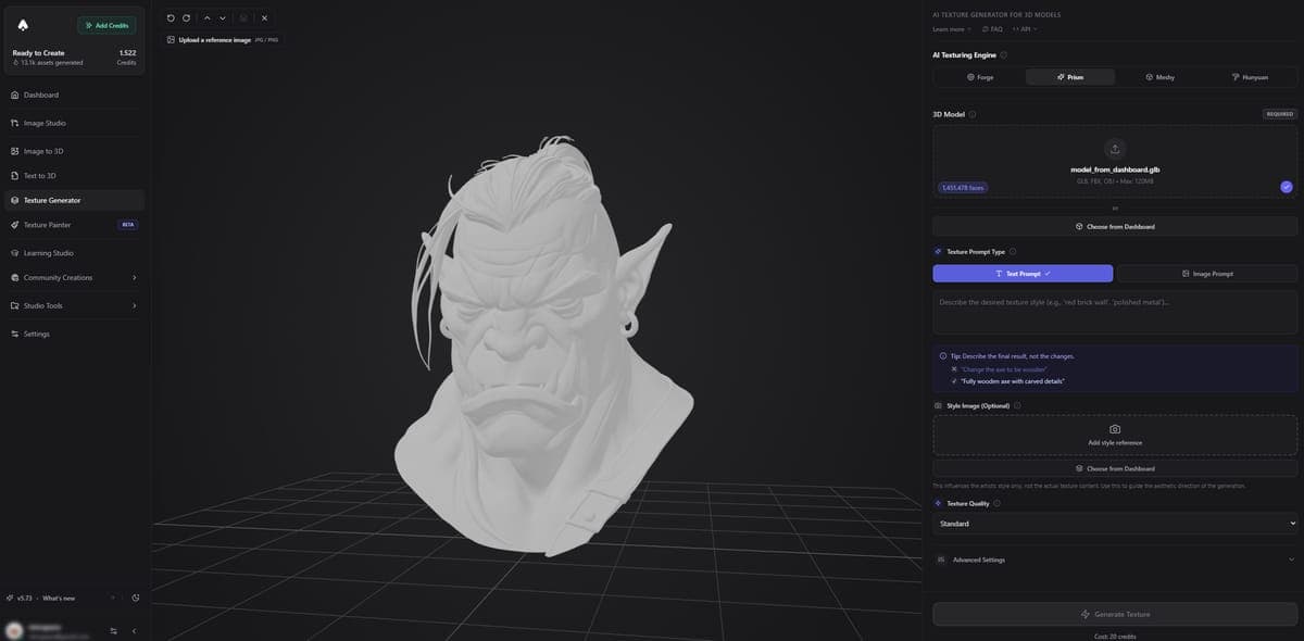 Texture Generator model upload interface