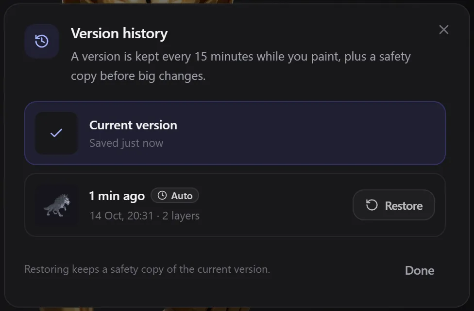 The Version history dialog with the current version and one automatic version