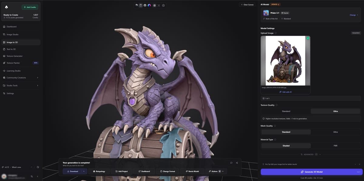 3D viewer showing a generated model result