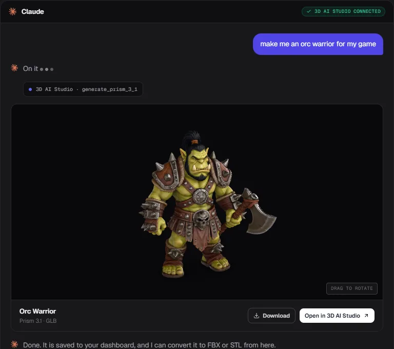 Claude generating an orc warrior with the 3D AI Studio connector