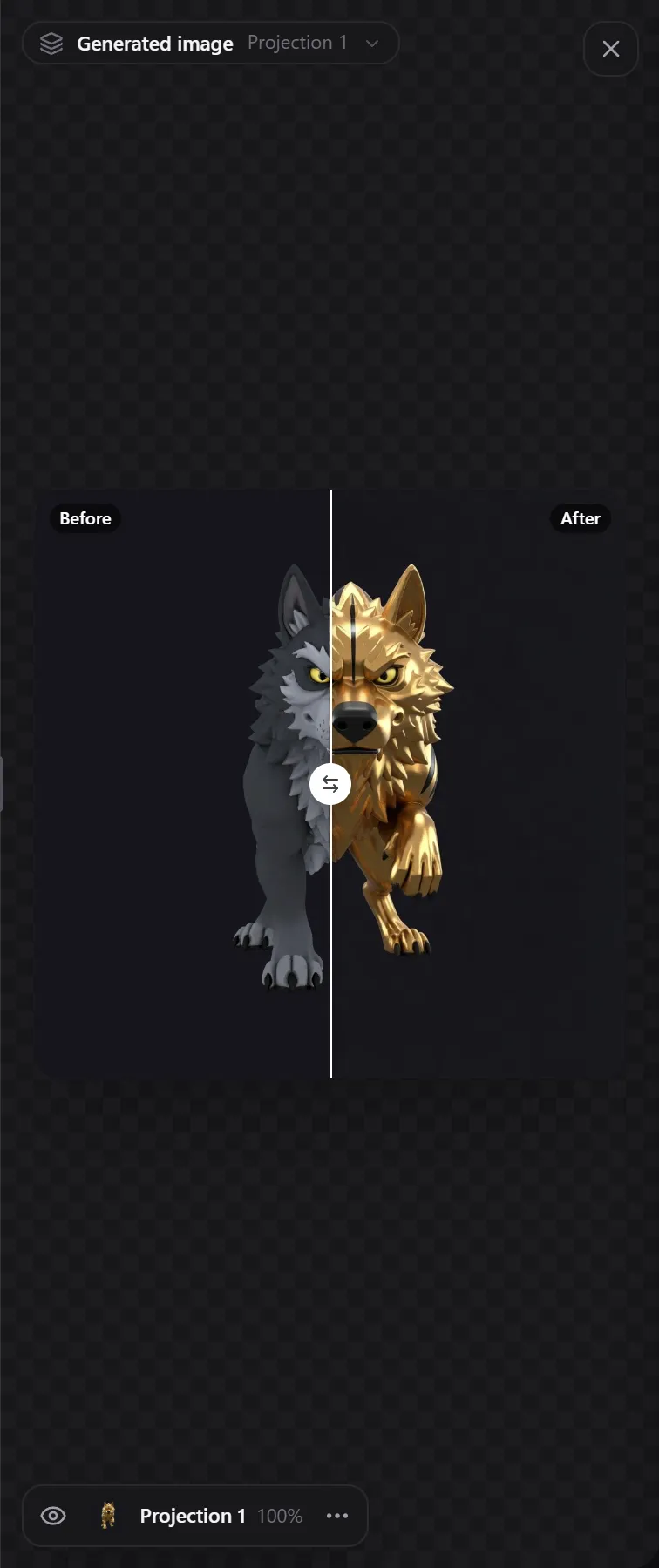 The 2D view showing a generated image with a before and after slider