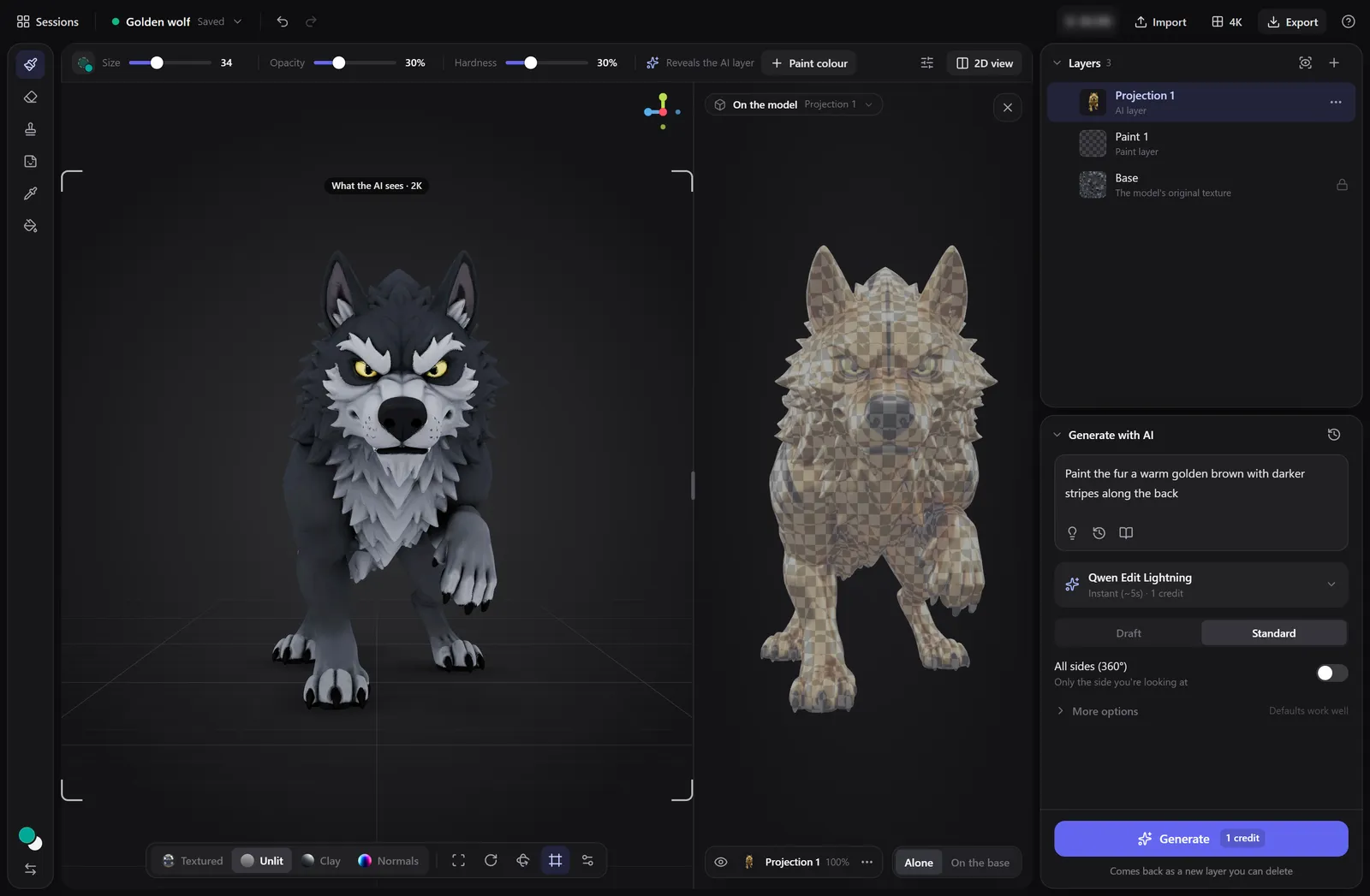 The workspace with an unchanged wolf in 3D and the golden AI result in the 2D view