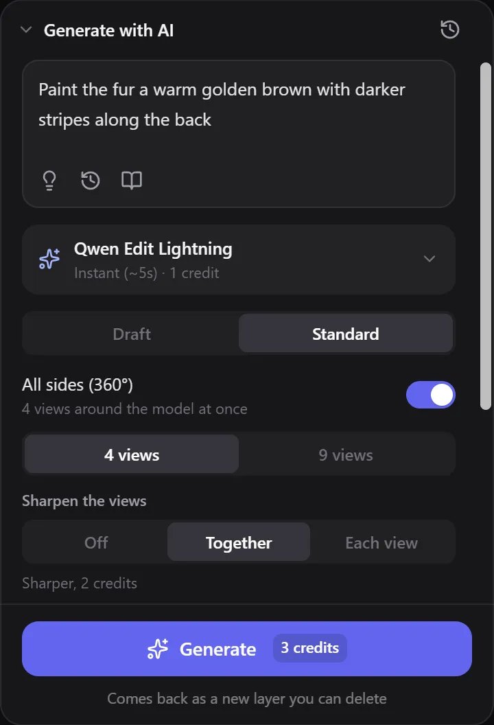 The Generate panel with All sides turned on, 4 views and sharpening options