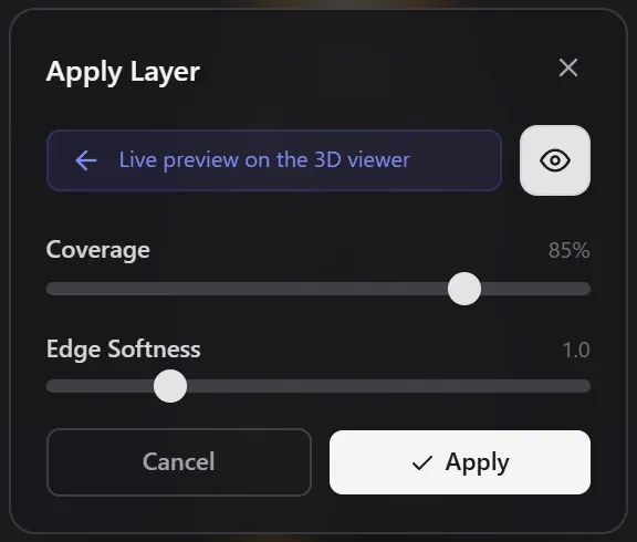 The Apply Layer panel with Coverage and Edge Softness sliders