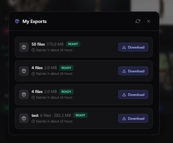 The My Exports modal listing finished exports with sizes, expiry times, and download buttons