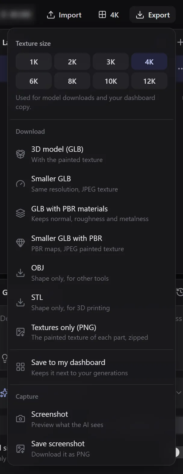 The Export menu with texture sizes 1K to 12K, download formats, Save to my dashboard and Capture