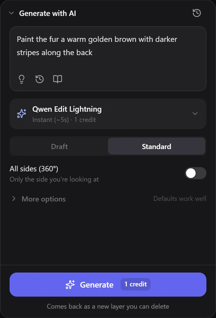 The Generate with AI panel with a prompt typed in