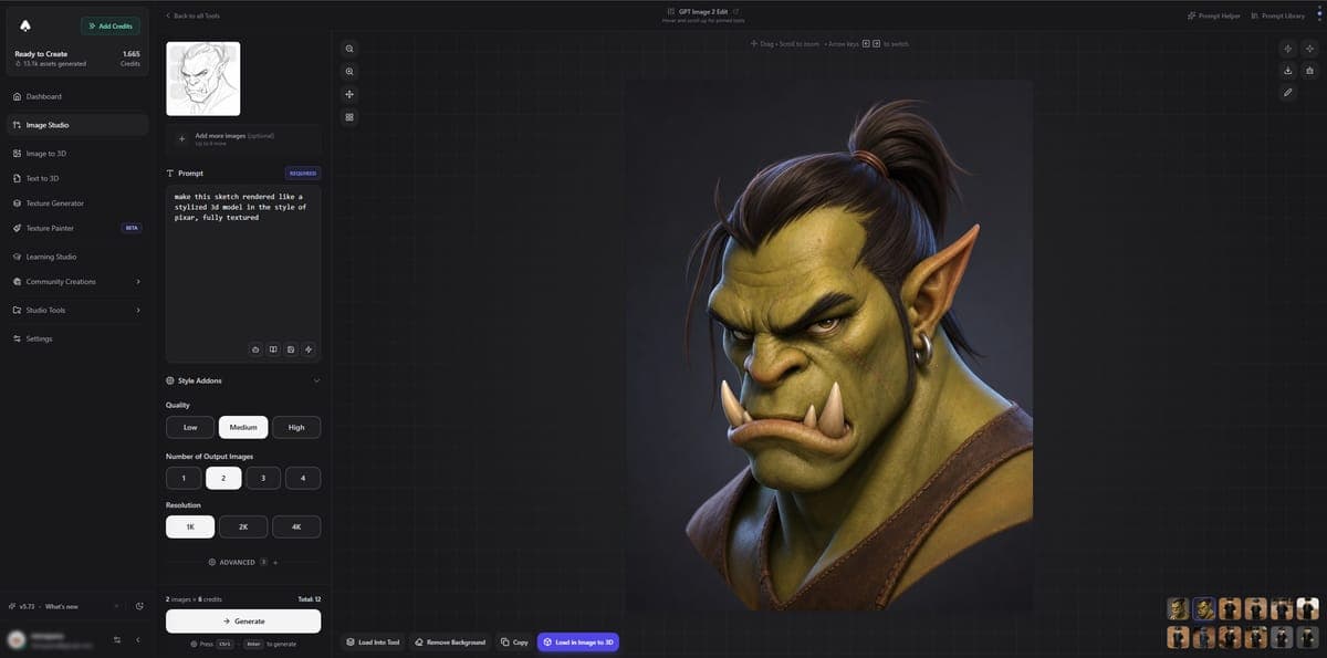 Sketch rendered into stylized 3D character