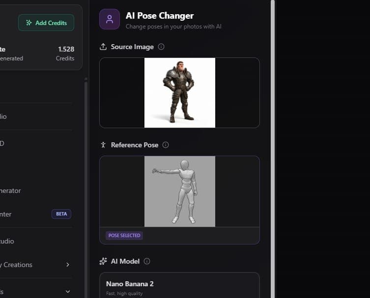 Pose Transfer settings with source image and pose reference