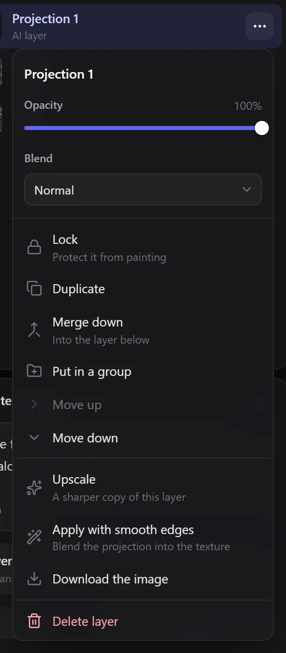The layer menu of an AI layer