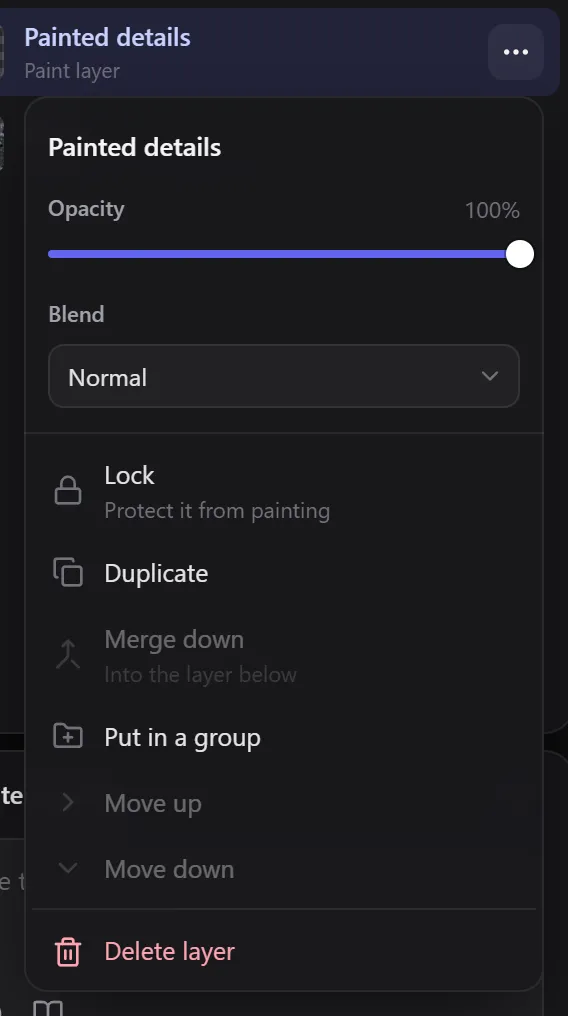 The layer menu of a paint layer with Opacity, Blend, Lock, Duplicate, Merge down and more