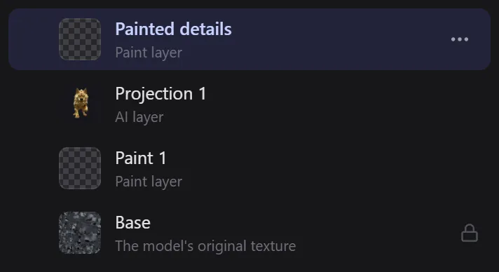 The Layers panel with Painted details, Projection 1, Paint 1 and Base