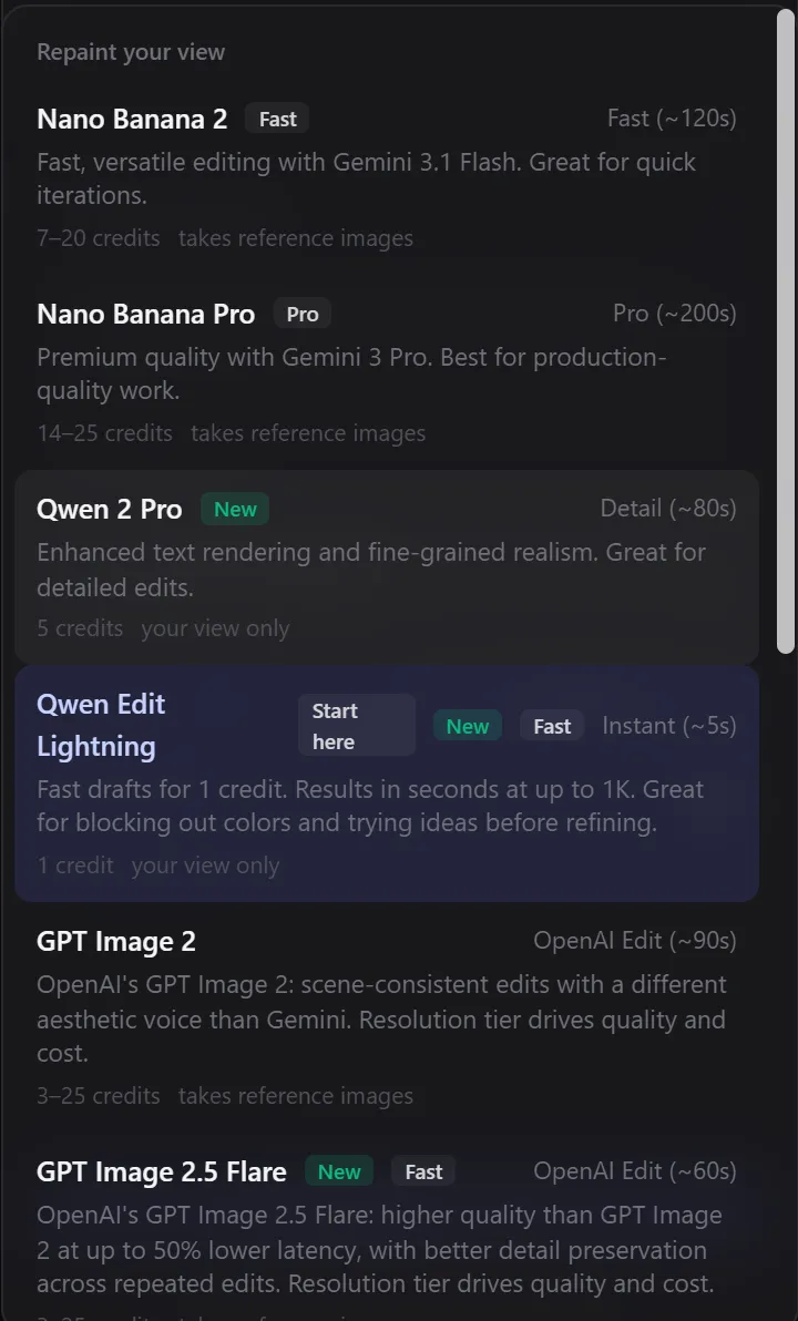 The model picker with Nano Banana 2, Nano Banana Pro, Qwen 2 Pro, Qwen Edit Lightning and GPT Image models