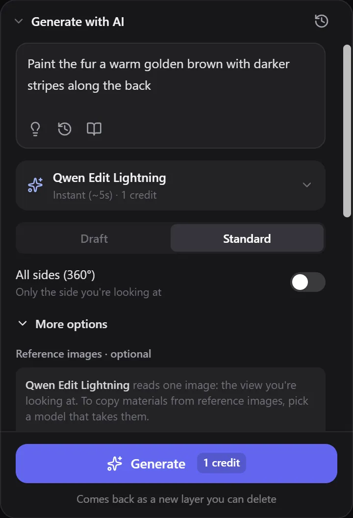 The More options section of the Generate panel