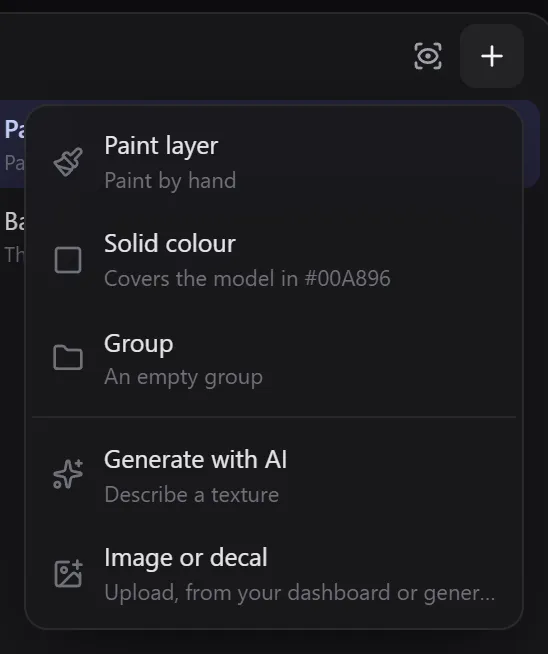The New layer menu with Paint layer, Solid colour, Group, Generate with AI and Image or decal