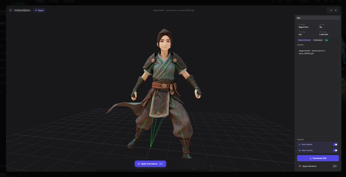 Rigged model showing skeleton overlay