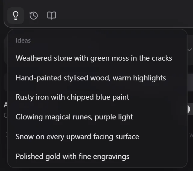The Ideas popover with six example prompts