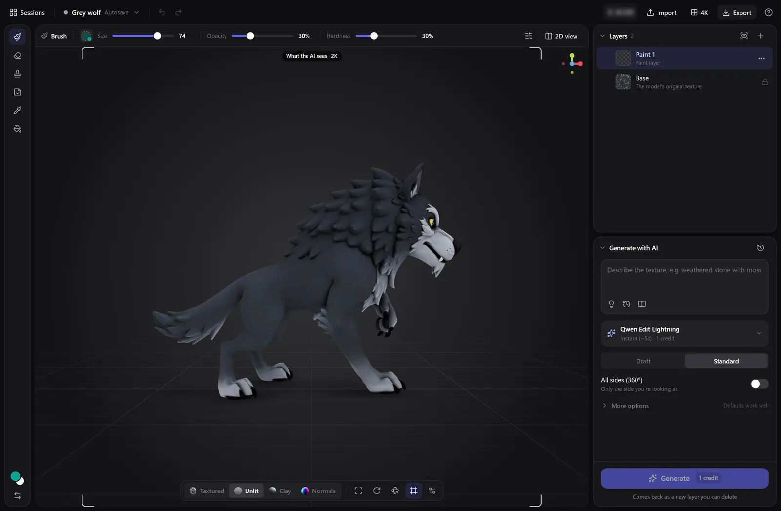 The Texture Painter workspace with the wolf sample loaded