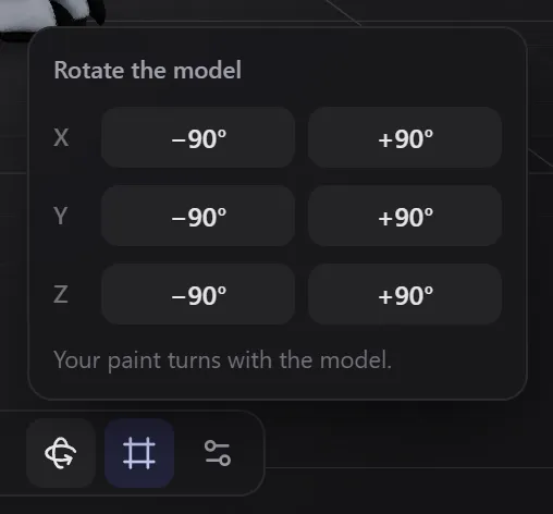 The Rotate the model popover with buttons for X, Y and Z