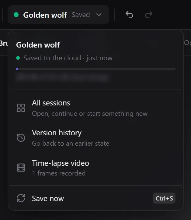 The session menu under the session name with the save status and menu items