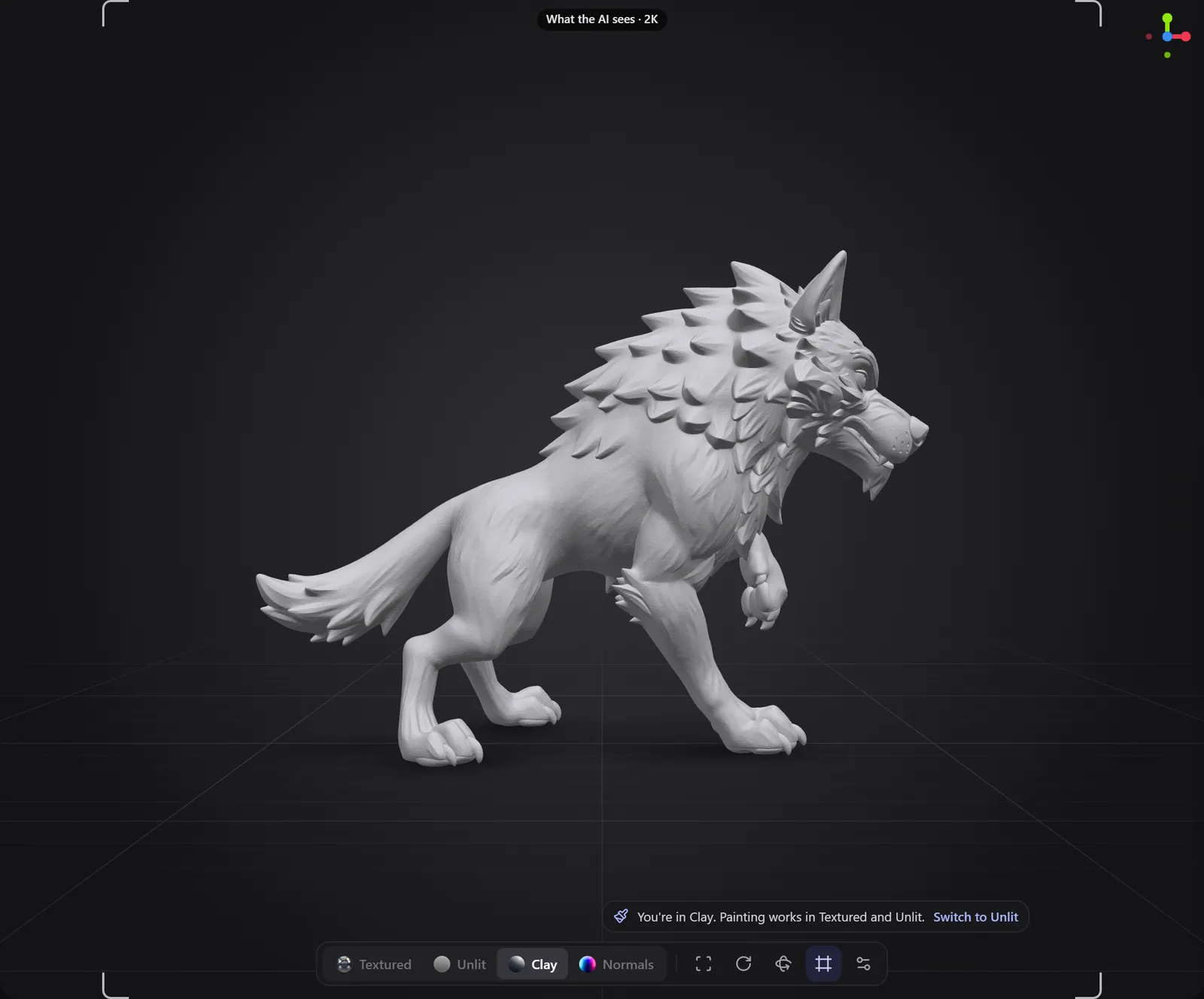 The wolf in Clay shading, all grey