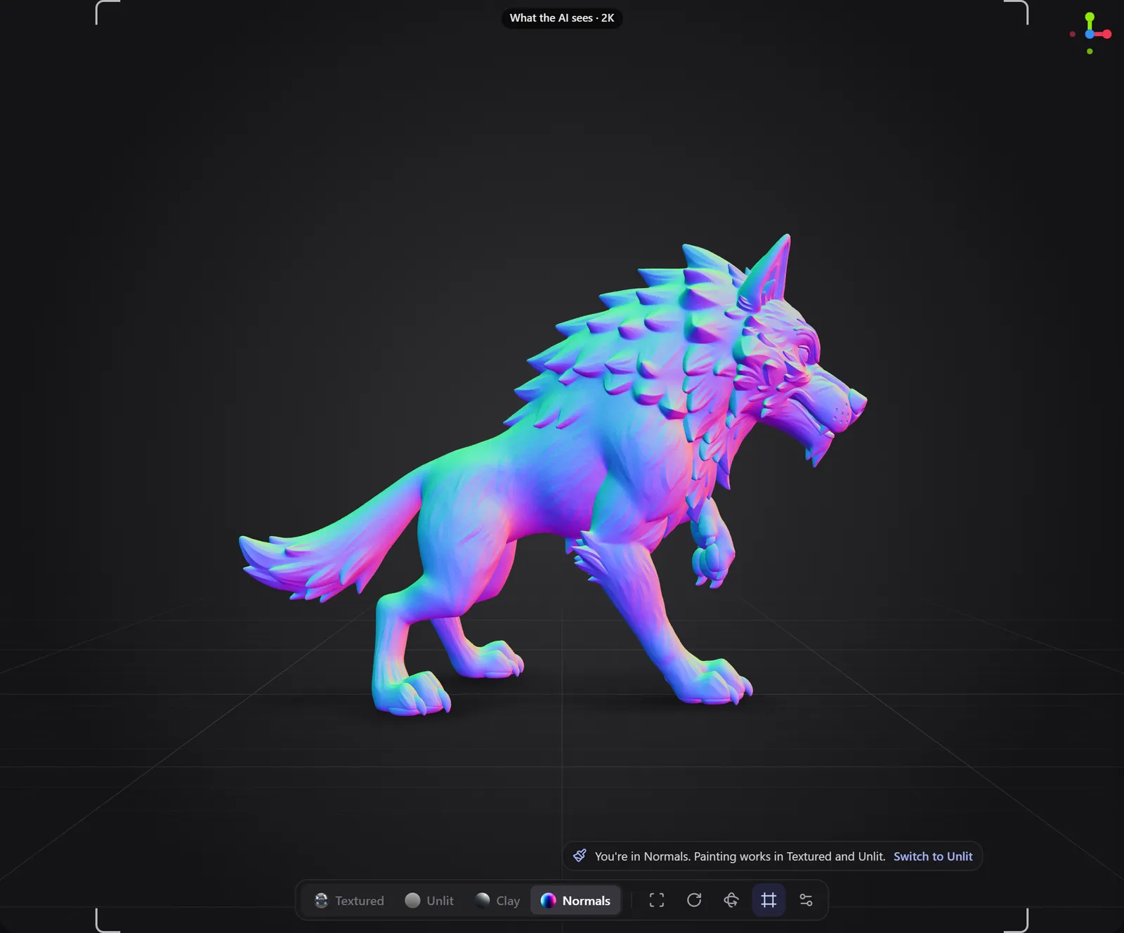 The wolf in Normals shading, in blue, pink and green