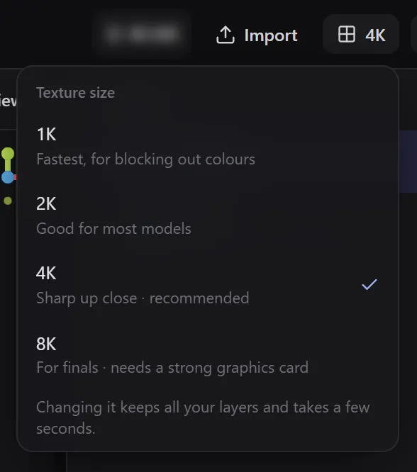 The Texture size menu with 1K, 2K, 4K and 8K