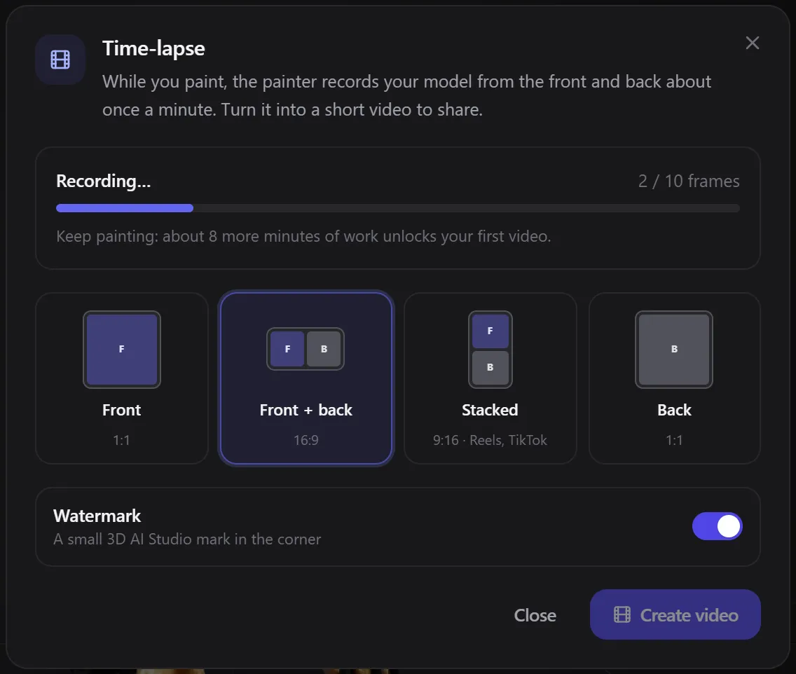 The Time-lapse dialog with a recording progress bar, four layouts and a watermark switch