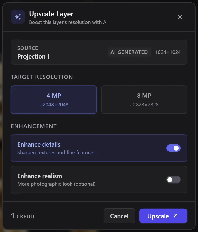 The Upscale Layer dialog with 4 MP and 8 MP and two enhancement switches